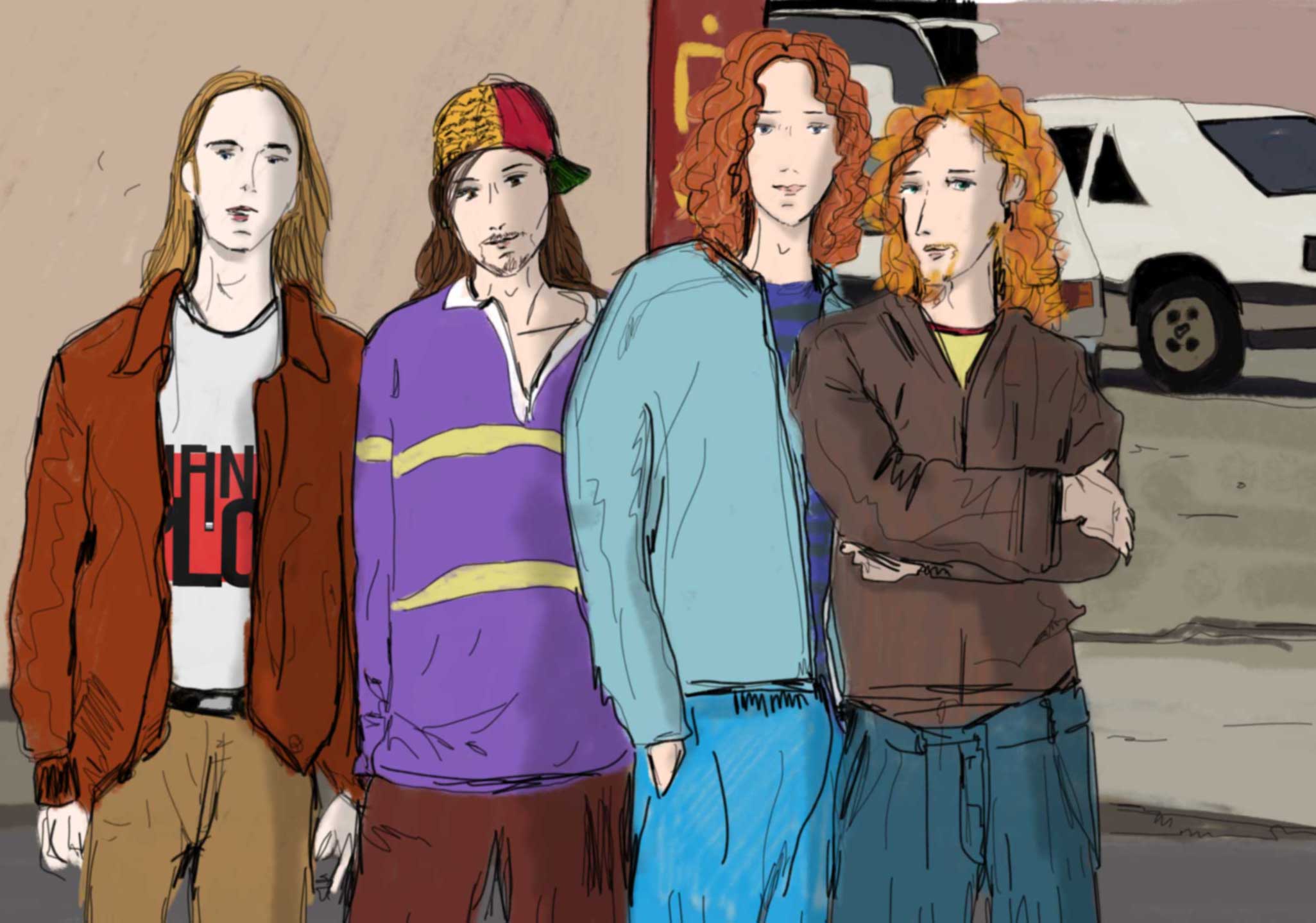 Jelly Red, Los Angeles, 1990: Newly arrived in LA<br>From left to right: Pete Devoran, Mike Tyron, Toby Vassar and Lonnie Foster.