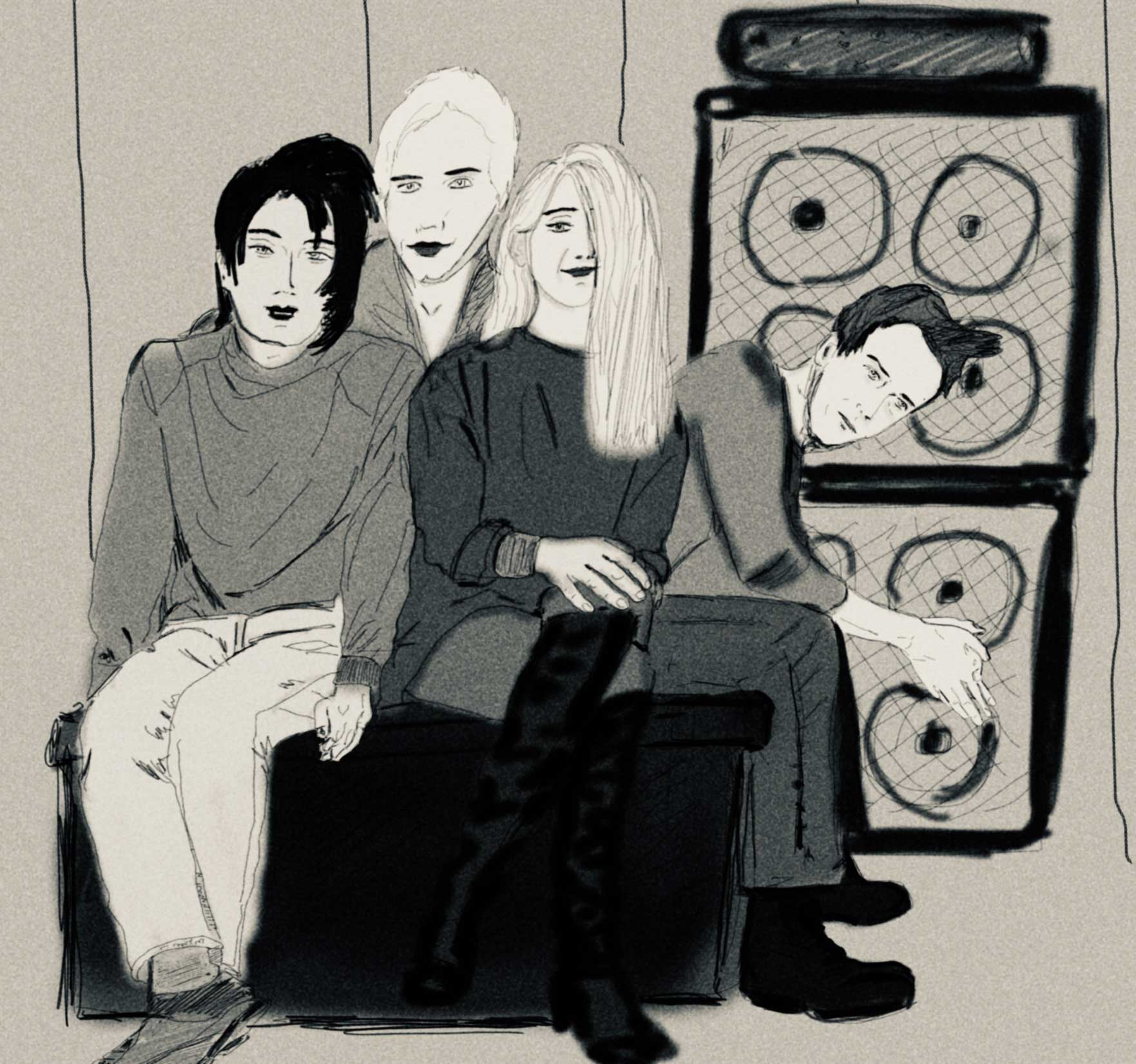 The Salad Days at Spellsound Studios, 1993 <br> From left to right: Jess Lepage, Jimmy Fitzpatrick, Darlene Roman and Harmony Lamarre